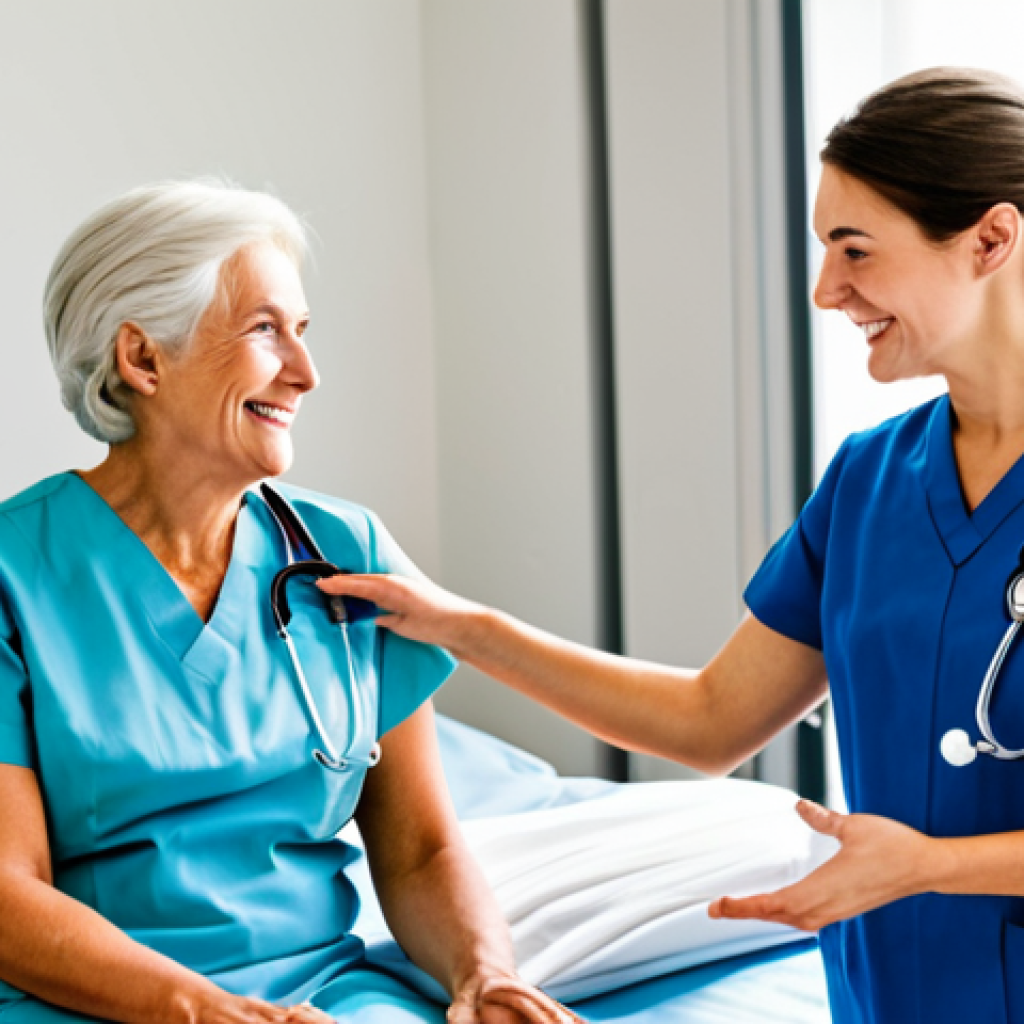 Empathetic Nurse Interaction**

"A professional nurse, fully clothed in scrubs, kneeling beside a patient in a hospital bed, holding the patient's hand and smiling reassuringly. The patient is elderly and looks relaxed. The hospital room is clean and bright. Focus on the warm, empathetic connection. Safe for work, appropriate content, modest, family-friendly, perfect anatomy, correct proportions, natural pose, well-formed hands, proper finger count, natural body proportions, professional photography, high quality."

**