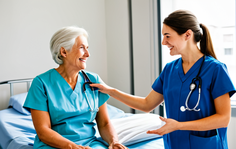 Empathetic Nurse Interaction**

"A professional nurse, fully clothed in scrubs, kneeling beside a patient in a hospital bed, holding the patient's hand and smiling reassuringly. The patient is elderly and looks relaxed. The hospital room is clean and bright. Focus on the warm, empathetic connection. Safe for work, appropriate content, modest, family-friendly, perfect anatomy, correct proportions, natural pose, well-formed hands, proper finger count, natural body proportions, professional photography, high quality."

**