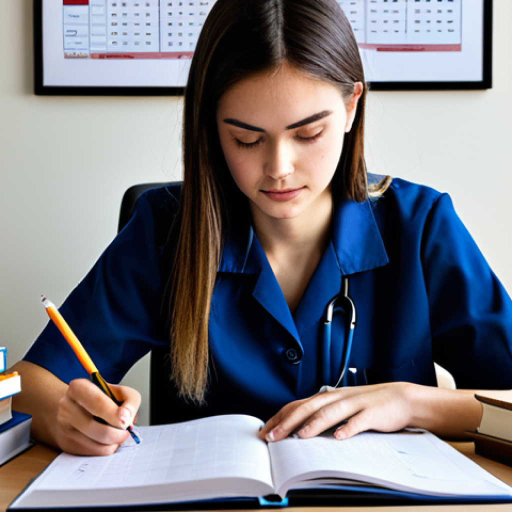 Study Planning**

"A focused nursing student at a desk, surrounded by textbooks and a personalized study schedule, fully clothed, appropriate attire, safe for work, perfect anatomy, natural pose, professional study environment, organized and efficient, high quality, professional illustration"

**
