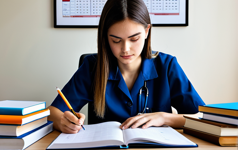 Study Planning**

"A focused nursing student at a desk, surrounded by textbooks and a personalized study schedule, fully clothed, appropriate attire, safe for work, perfect anatomy, natural pose, professional study environment, organized and efficient, high quality, professional illustration"

**