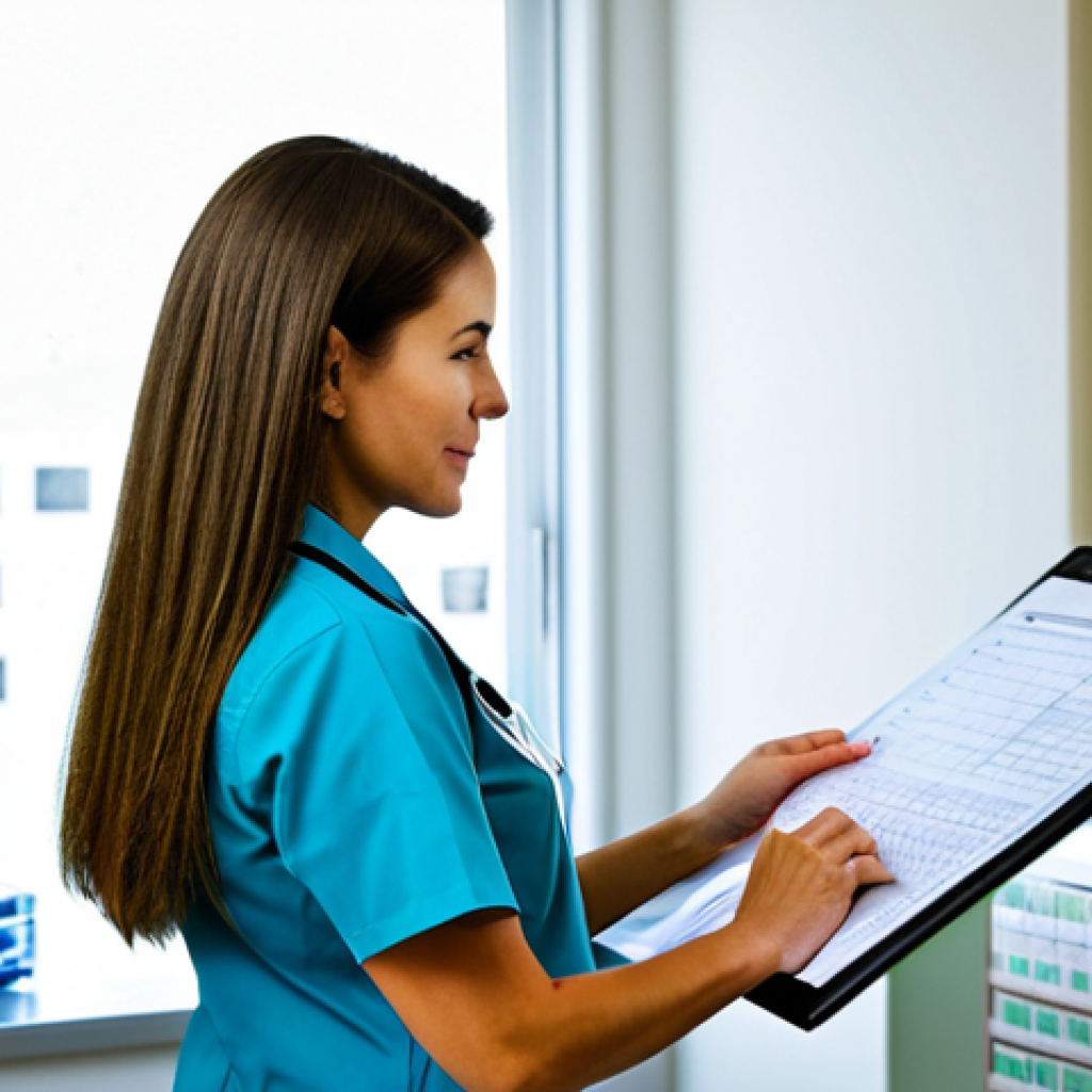 간호사 필수 약어와 의학 용어 - Nurse reviewing patient chart**

"A professional nurse in a fully clothed, modest uniform, reviewing...