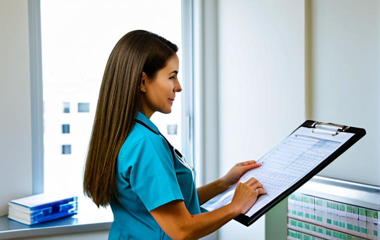 간호사 필수 약어와 의학 용어 - Nurse reviewing patient chart**

"A professional nurse in a fully clothed, modest uniform, reviewing...
