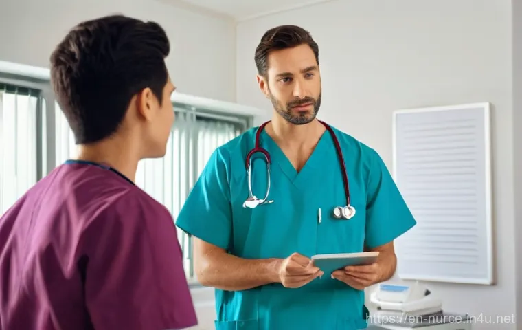 간호사의 환자 응대와 상담 경험 - **A nurse engaging in active, empathetic listening with an elderly female patient.**
    *   **Scene...