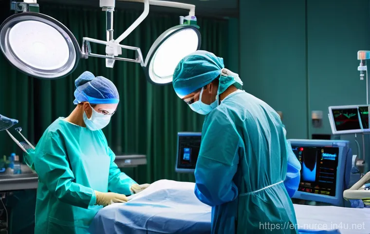 간호사의 수술실 근무 경험 - **Prompt 1: The Critical Moment in the OR**
    "A highly intense and focused scene inside a modern ...