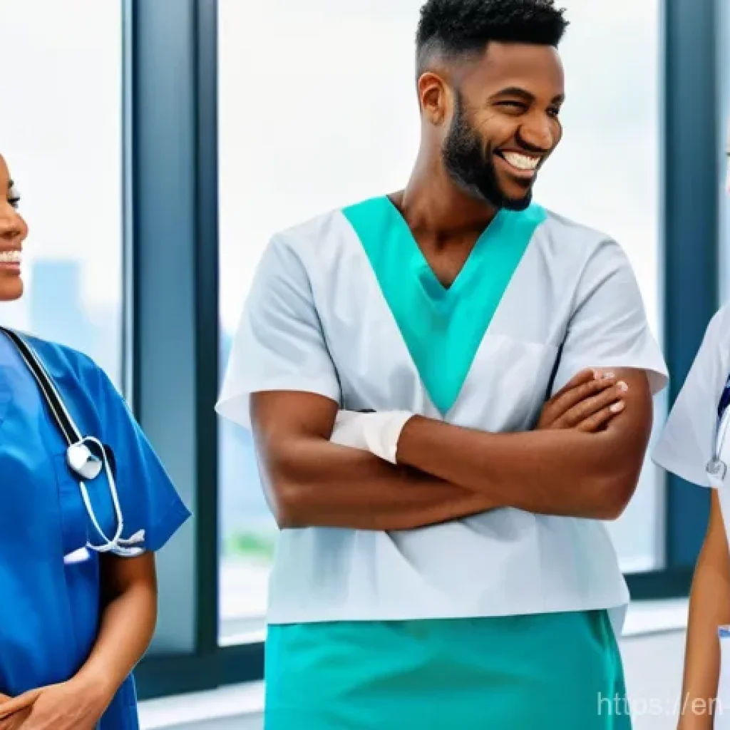 간호사의 국가별 직업 환경 비교 - **Prompt:** "A diverse group of professional nurses, both male and female, in clean, modern scrubs, ...