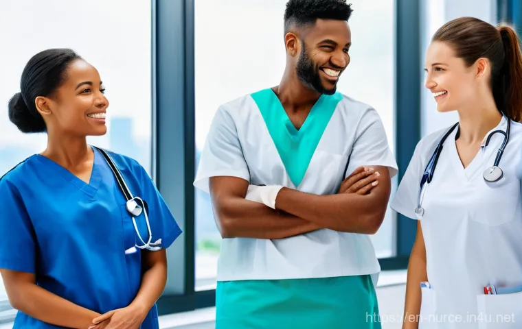 간호사의 국가별 직업 환경 비교 - **Prompt:** "A diverse group of professional nurses, both male and female, in clean, modern scrubs, ...