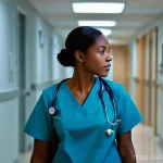 간호사 업무에서의 감정 노동 대처법 - **Invisible Burden of Emotional Labor**
    A nurse, mid-career, walking down a softly lit hospital ...