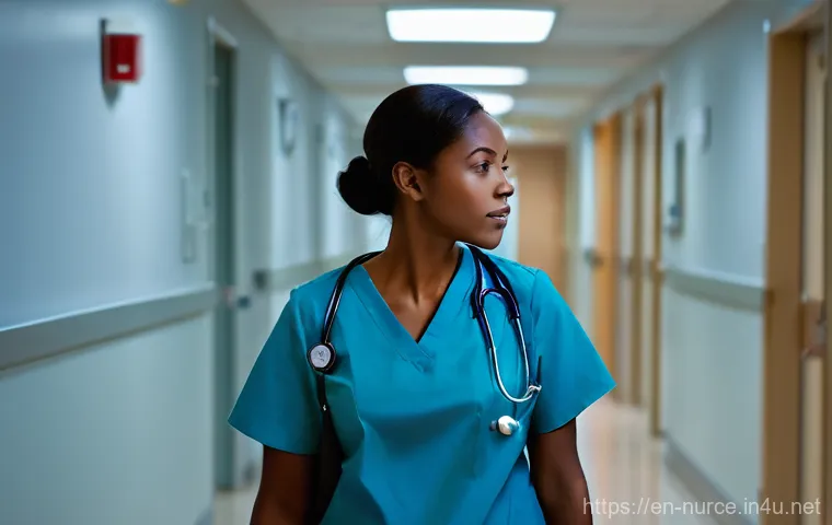 간호사 업무에서의 감정 노동 대처법 - **Invisible Burden of Emotional Labor**
    A nurse, mid-career, walking down a softly lit hospital ...