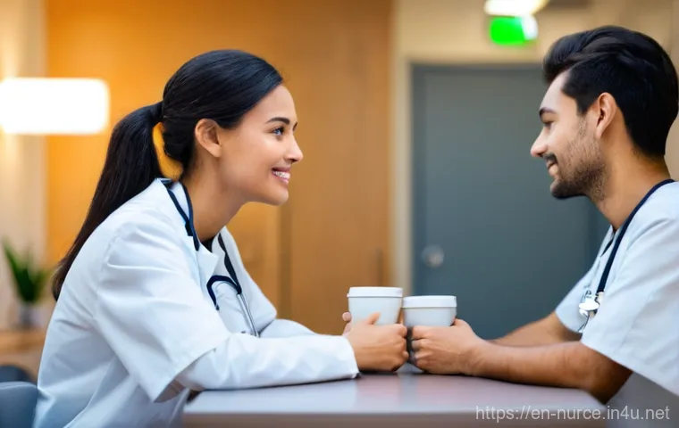 간호사 업무에서의 감정 노동 대처법 - **Mindful Self-Care for Nurses**
    A nurse in comfortable, modest loungewear (such as sweatpants a...