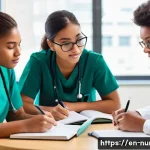 간호사의 해외 취업 준비 과정 - **Prompt:** A diverse group of four to five young adult nurses, representing various ethnicities, in...