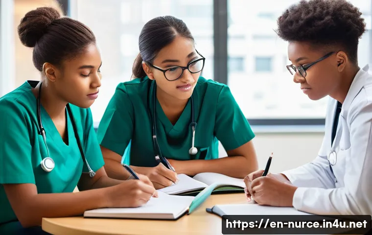 간호사의 해외 취업 준비 과정 - **Prompt:** A diverse group of four to five young adult nurses, representing various ethnicities, in...