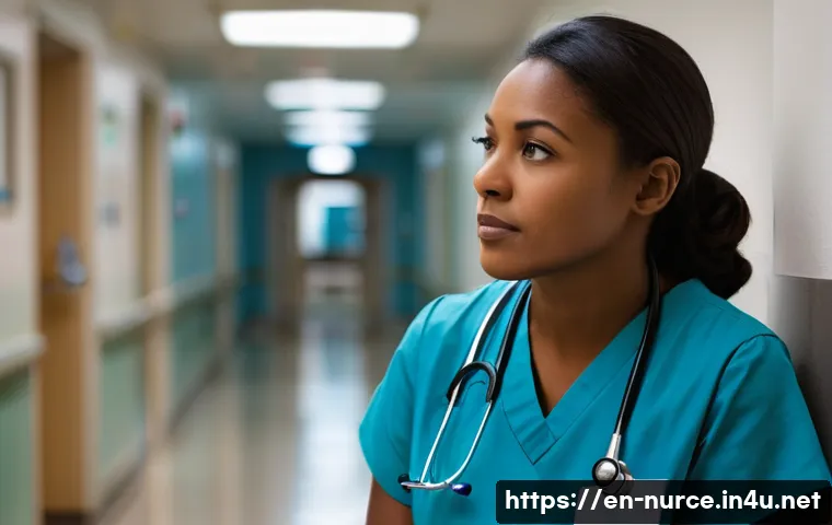 간호사의 윤리적 대처 방법 연구 - **Prompt:** A compassionate female nurse, late 20s, wearing clean, professional blue scrubs, sits th...