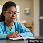 간호사로서의 시간관리 비법 - **Prompt:** A serene, focused female nurse in her late 20s to early 30s. She is sitting at a clean, ...