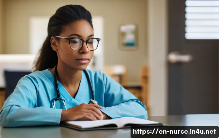 간호사로서의 시간관리 비법 - **Prompt:** A serene, focused female nurse in her late 20s to early 30s. She is sitting at a clean, ...