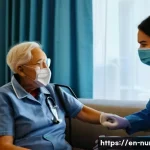 Home 20 간호사와 함께하는 환자 가정 방문 - A compassionate female nurse in professional attire, wearing a face mask and gloves, visiting an eld...