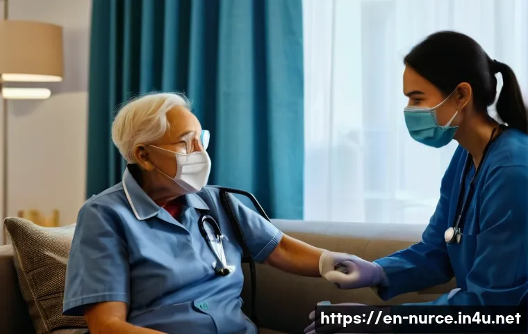 간호사와 함께하는 환자 가정 방문 - A compassionate female nurse in professional attire, wearing a face mask and gloves, visiting an eld...