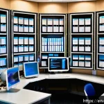 Home 19 간호사의 논문 작성 가이드 - A professional nursing researcher in a modern academic office, surrounded by multiple computer scree...