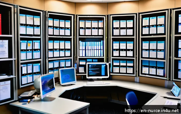 간호사의 논문 작성 가이드 - A professional nursing researcher in a modern academic office, surrounded by multiple computer scree...