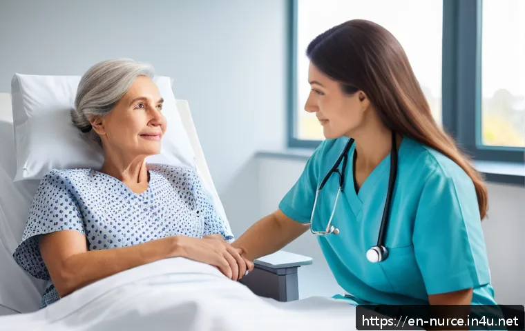 간호사와 환자 간의 의사소통 방법 - A compassionate nurse attentively listening to a middle-aged patient in a bright, modern hospital ro...