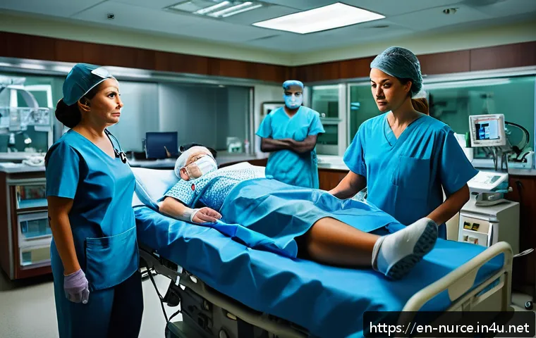 응급실 간호사 업무 사례 - A skilled emergency room nurse swiftly assessing multiple patients during a chaotic night shift, wea...