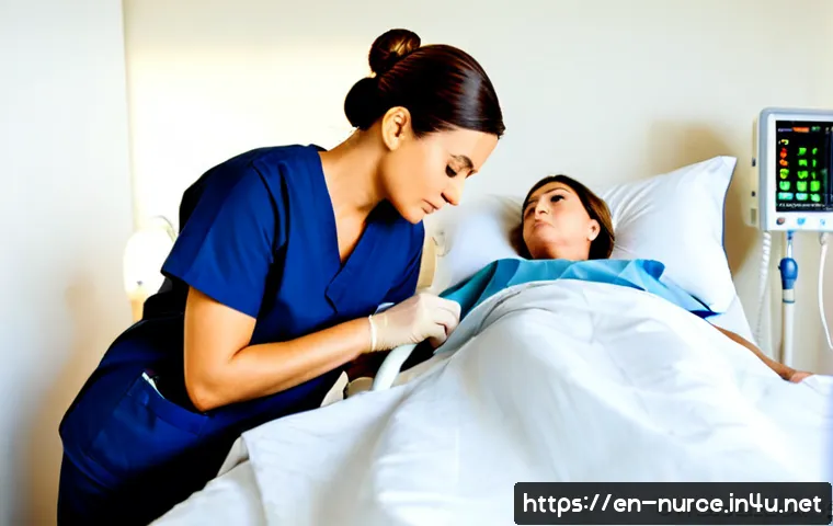 중환자실 간호사의 업무 - Photorealistic intensive care unit scene, compassionate ICU nurse in clean navy scrubs carefully che...